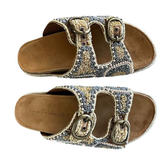 NEW HOUSE OF HARLOW 1960 Women's Size 8.5 Beaded Buckle Flat Slides Boho Sandals - Picture 6 of 11